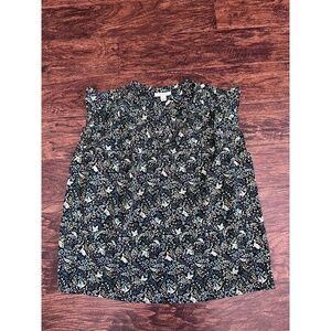 On-34th Top Womens Size M Black Multi Bird Leaf Print Ruffled Neck Boho Chic